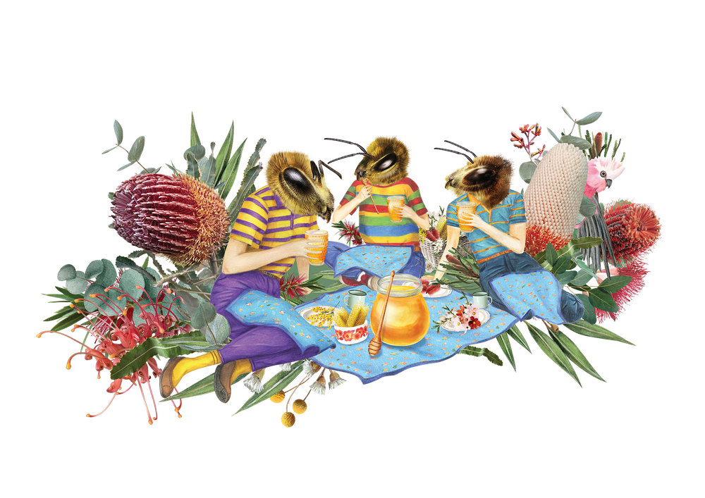 An illustration of cartoon honey bee characters having a bushland picnic, enjoying some Wild Nectar Organic Australian Honey. 