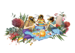 An illustration of cartoon honey bee characters having a bushland picnic, enjoying some Wild Nectar Organic Australian Honey. 