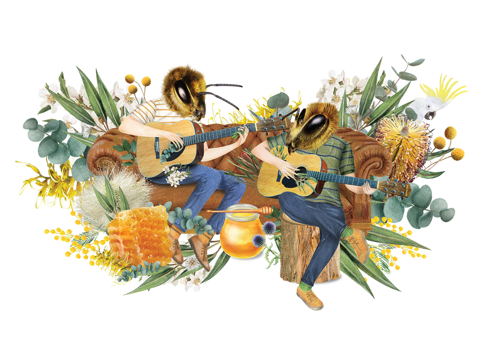 Two bee characters seated playing guitar with native florals in the background, enjoying a Pail of Wild Nectar Pure Australian Honey